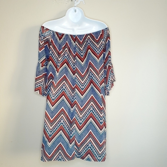 Naif Woman's Chevron Print Flounce Sleeves Smocked Neck Shift Tunic Dress Size S - Picture 4 of 16